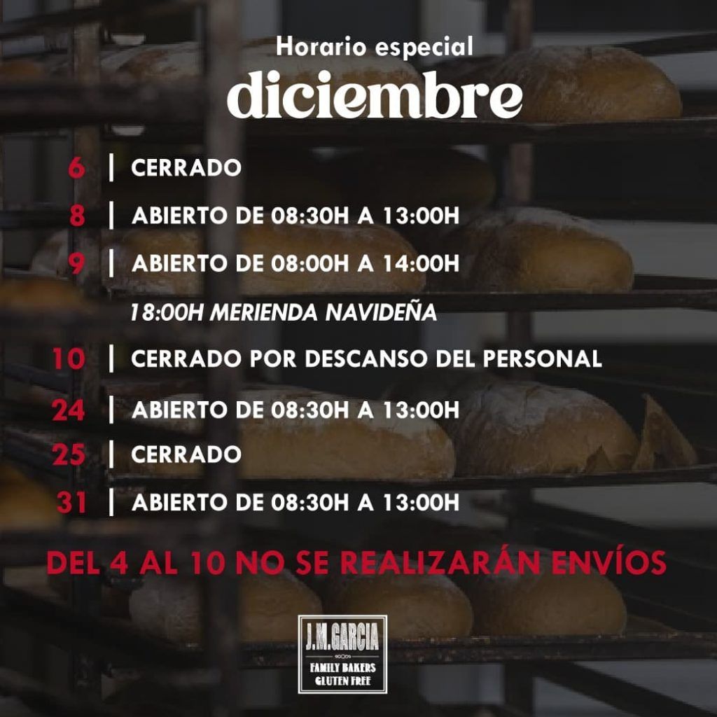 Horario Especial Diciembre 2023 panaderiajmgarcia.com panaderia sin gluten alicante