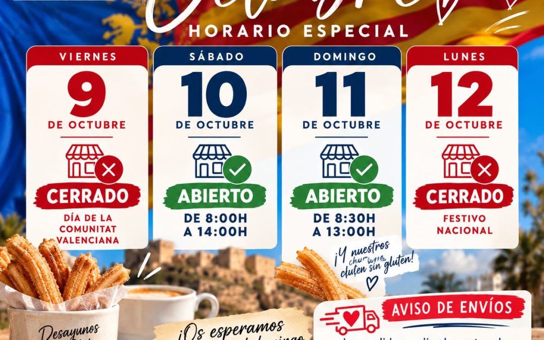 Horario especial Puente 9 de Octubre 26 panaderia jm garcia sin gluten